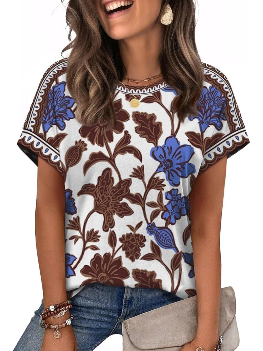 Women's Brown Blue Floral Crew-neck Short Sleeve Classic Loose Fit Summer Shirt